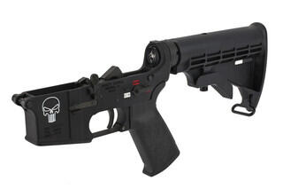 Spike's Tactical AR-15 Complete Lower Receiver has a color-filled Punisher logo and bullet pictogram selector markings